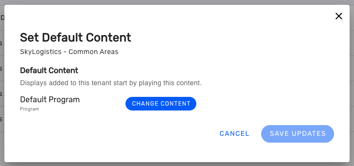 Settings window for default content and program in SkyLogistics interface.